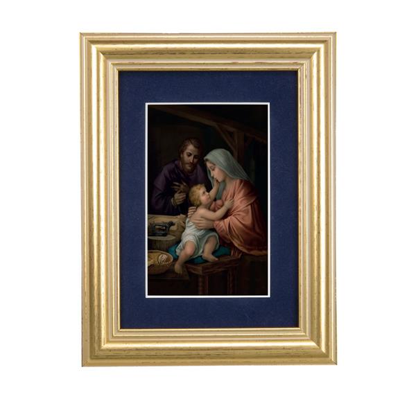 Holy Family Picture, 5"x6.5" Antique Gold Fluted Frame, Behind Blue Velvet Matting # 28279