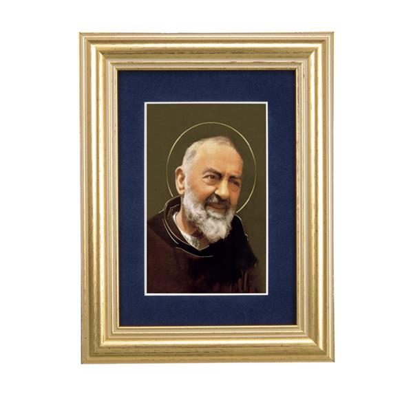 St. Padre Pio Picture, 5"x6.5" Antique Gold Fluted Frame, Behind Blue Velvet Matting # 28281