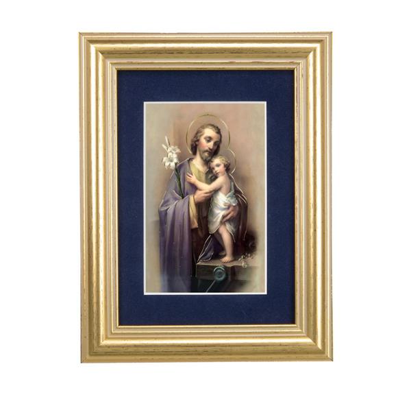 St. Joseph & Child Jesus Picture, 5"x6.5" Antique Gold Fluted Frame, Behind Blue Velvet Matting # 28283