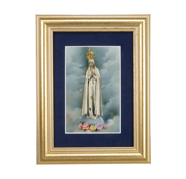 Our Lady of Fatima Picture, 5"x6.5" Antique Gold Fluted Frame, Behind Blue Velvet Matting # 28284