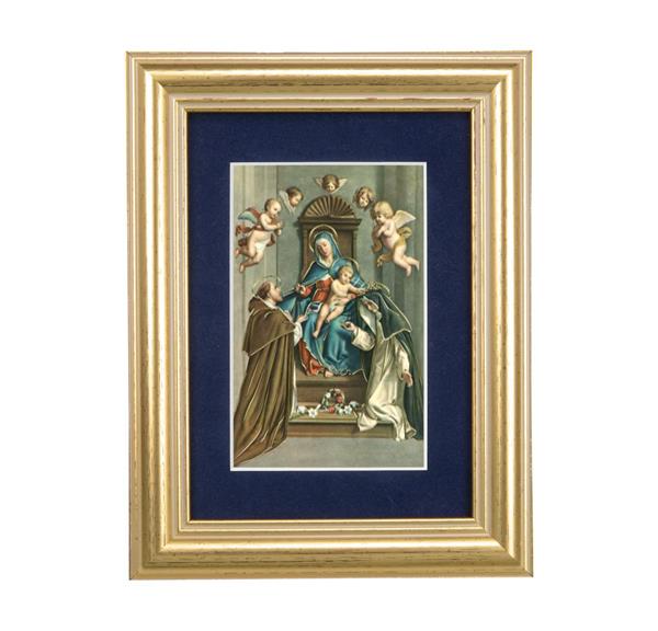 St. Dominic Receiving Rosary from Mary Picture, 5"x6.5" Antique Gold Fluted Frame, Behind Blue Velvet Matting # 28285