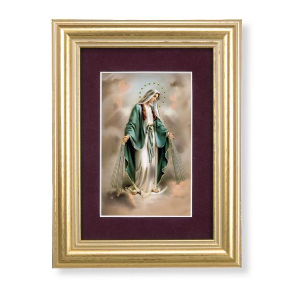 Our Lady of Grace Picture, 5"x6.5" Antique Gold Fluted Frame, Behind Maroon Velvet Matting # 28286