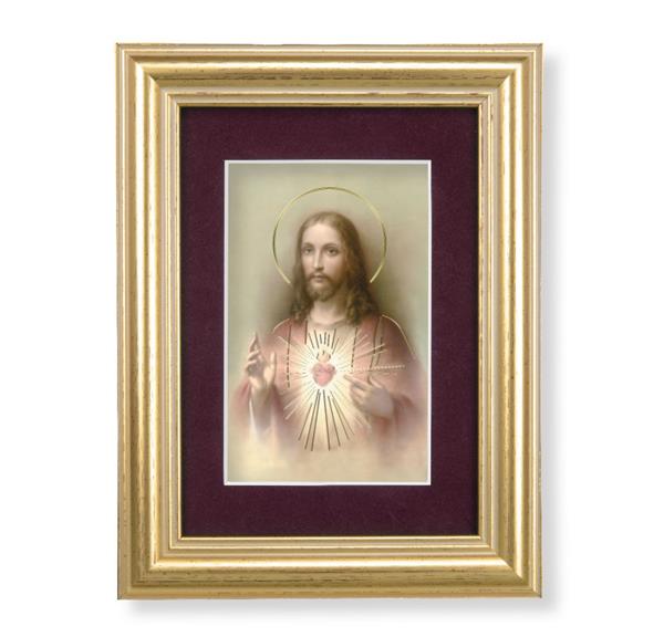 Sacred Heart of Jesus Picture, 5"x6.5" Antique Gold Fluted Frame, Behind Maroon Velvet Matting # 28287