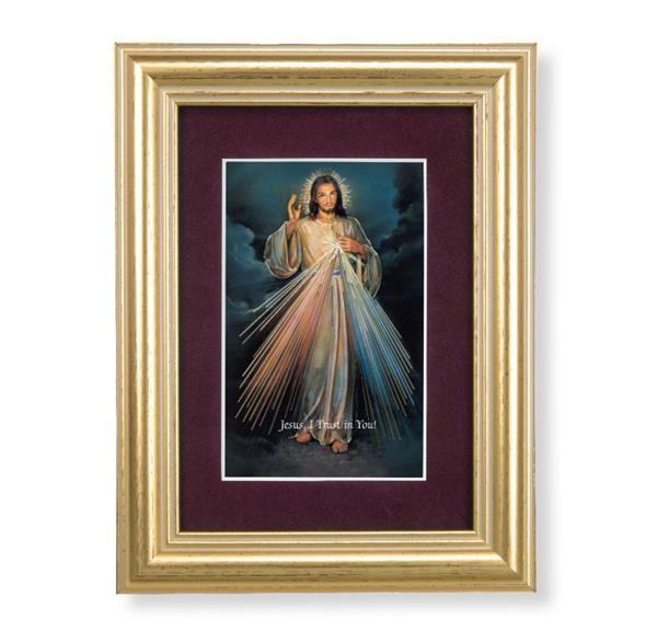 Divine Mercy Picture, 5"x6.5" Antique Gold Fluted Frame, Behind Maroon Velvet Matting # 28288