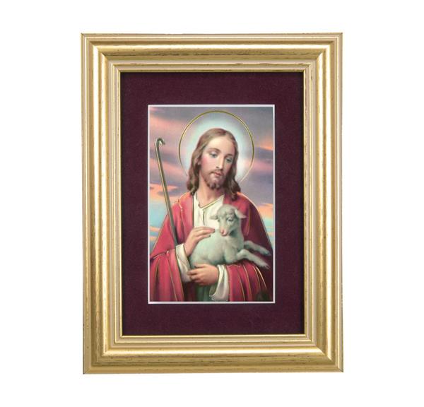 Good Shepherd Picture, 5"x6.5" Antique Gold Fluted Frame, Behind Maroon Velvet Matting # 28289