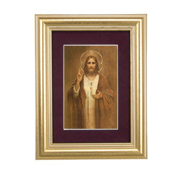 Sacred Heart of Jesus Picture, 5"x6.5" Antique Gold Fluted Frame, Behind Maroon Velvet Matting # 28290