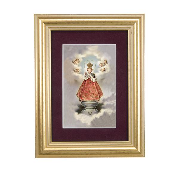 Infant of Praque with Angels Picture, 5"x6.5" Antique Gold Fluted Frame, Behind Maroon Velvet Matting # 28291