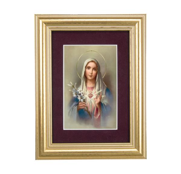 Immaculate Heart of Mary Picture, 5"x6.5" Antique Gold Fluted Frame, Behind Maroon Velvet Matting # 28293