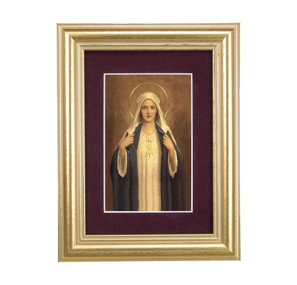 Immaculate Heart of Mary Picture, 5"x6.5" Antique Gold Fluted Frame, Behind Maroon Velvet Matting # 28294