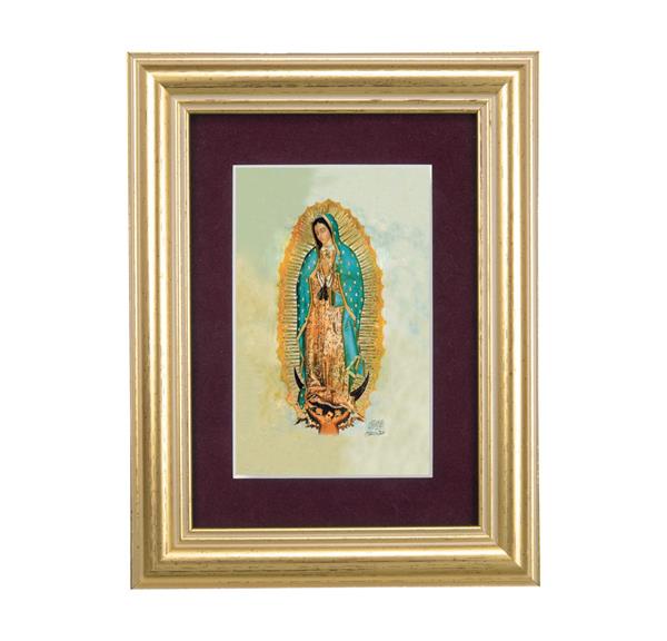 Our Lady of Guadalupe Picture, 5"x6.5" Antique Gold Fluted Frame, Behind Maroon Velvet Matting # 28295