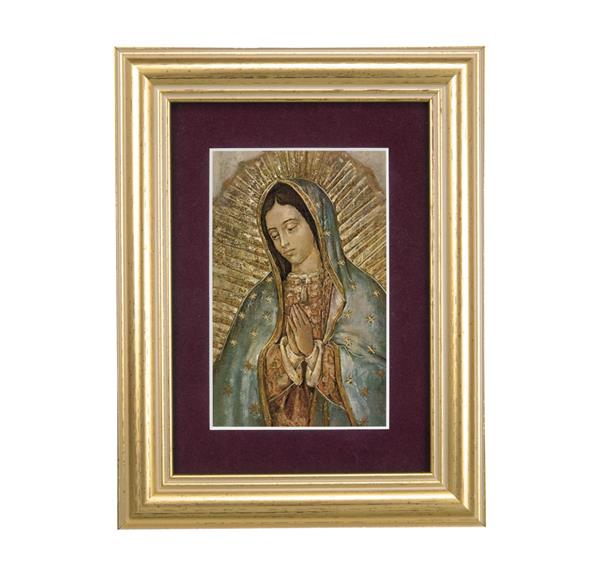 Our Lady of Guadalupe Picture, 5"x6.5" Antique Gold Fluted Frame, Behind Maroon Velvet Matting # 28296