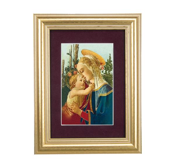 Madonna & Child Picture, 5"x6.5" Antique Gold Fluted Frame, Behind Maroon Velvet Matting # 28299