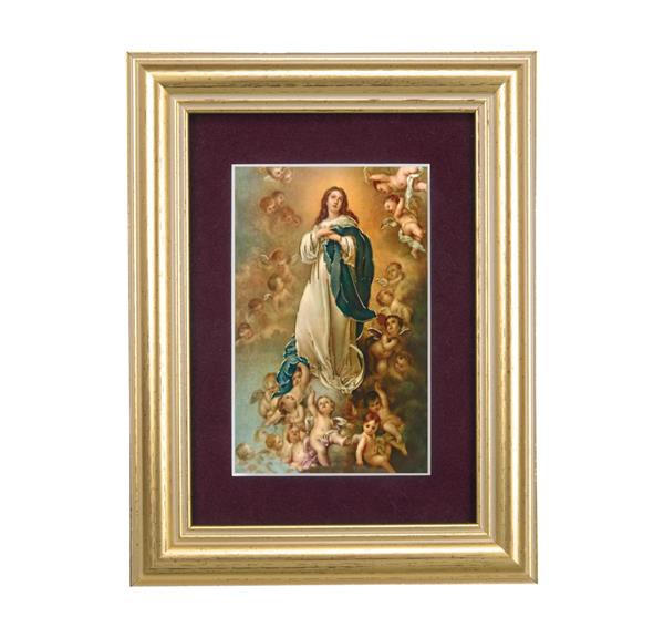 Immaculate Conception Picture, 5"x6.5" Antique Gold Fluted Frame, Behind Maroon Velvet Matting # 28300