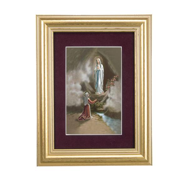 Our Lady of Lourdes Picture, 5"x6.5" Antique Gold Fluted Frame, Behind Maroon Velvet Matting # 28301