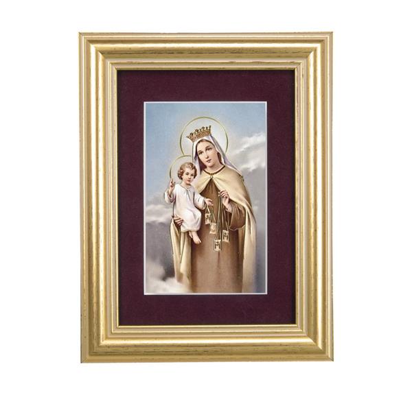 Our Lady of Mount Carmel Picture, 5"x6.5" Antique Gold Fluted Frame, Behind Maroon Velvet Matting # 28303