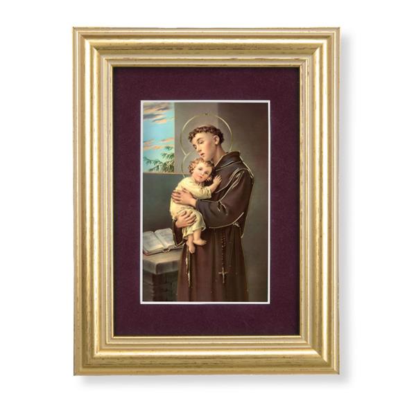 St. Anthony & Child Jesus Picture, 5"x6.5" Antique Gold Fluted Frame, Behind Maroon Velvet Matting # 28304