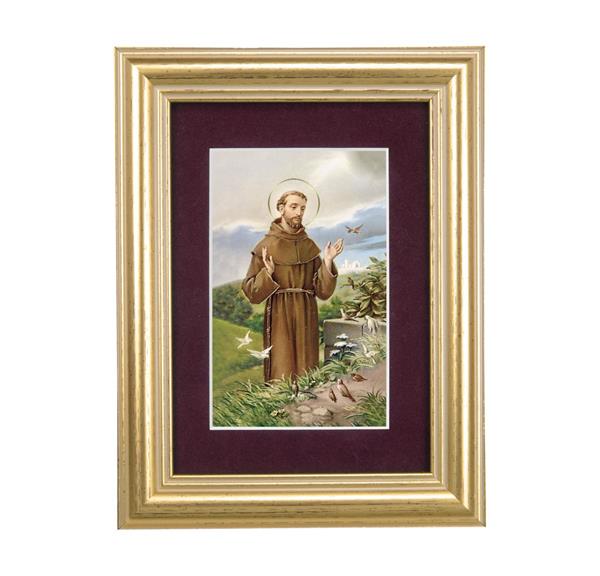 St. Francis of Assisi Picture, 5"x6.5" Antique Gold Fluted Frame, Behind Maroon Velvet Matting # 28305