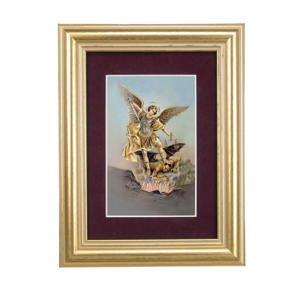St. Michael Picture, 5"x6.5" Antique Gold Fluted Frame, Behind Maroon Velvet Matting # 28307