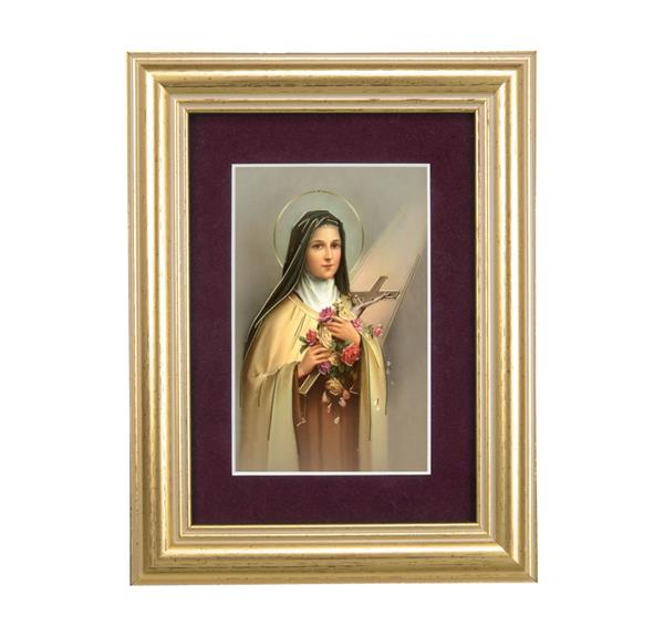 St. Therese of Lisieux Picture, 5"x6.5" Antique Gold Fluted Frame, Behind Maroon Velvet Matting # 28308