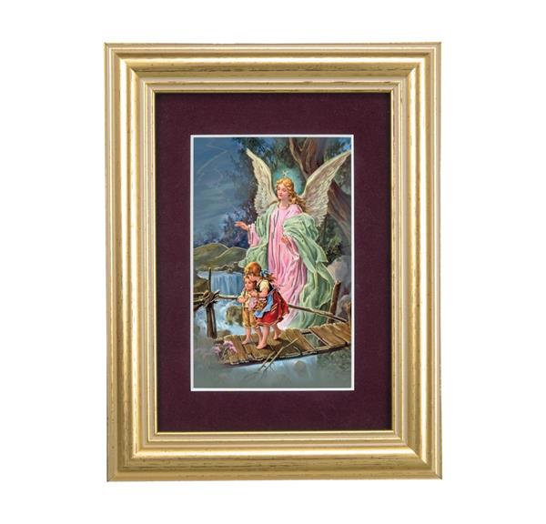 Guardian Angel with Children on Bridge Picture, 5"x6.5" Antique Gold Fluted Frame, Behind Maroon Velvet Matting # 28309