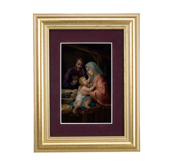 Holy Family Picture, 5"x6.5" Antique Gold Fluted Frame, Behind Maroon Velvet Matting # 28310