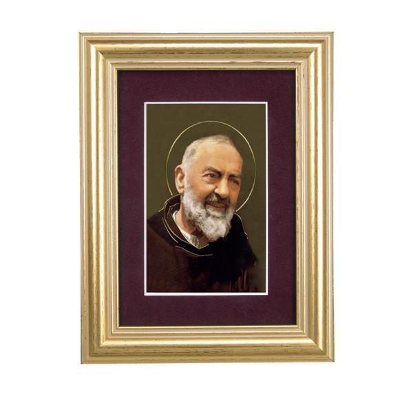 St. Padre Pio Picture, 5"x6.5" Antique Gold Fluted Frame, Behind Maroon Velvet Matting # 28312