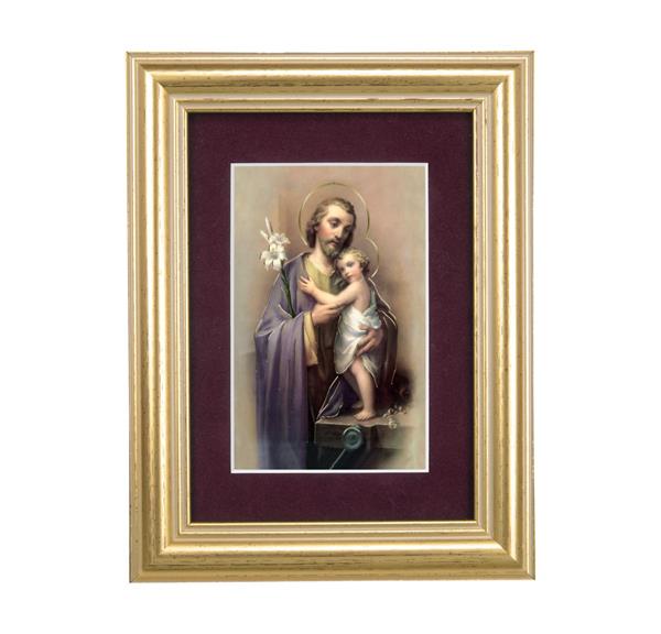 St. Joseph & Child Jesus Picture, 5"x6.5" Antique Gold Fluted Frame, Behind Maroon Velvet Matting # 28314