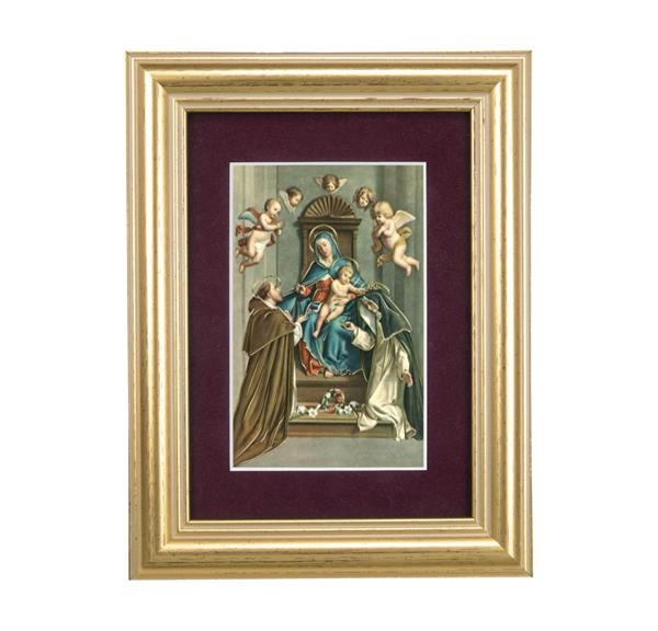 St. Dominic Receiving Rosary from Mary Picture, 5"x6.5" Antique Gold Fluted Frame, Behind Maroon Velvet Matting # 28316