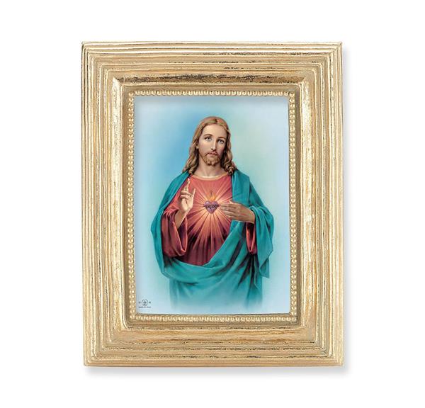 Sacred Heart Picture, Gold Finish 3-7/8"x4-3/4 Frame, Exclusive Gold Stamped Print Under Glass # 28317