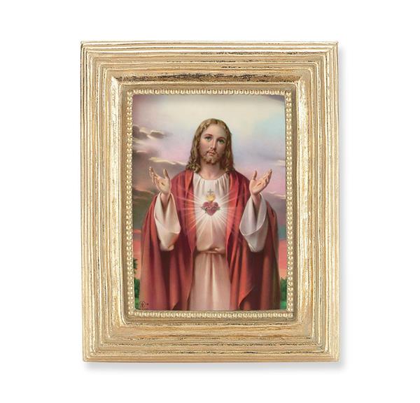 Sacred Heart Picture, Gold Finish 3-7/8"x4-3/4 Frame, Exclusive Gold Stamped Print Under Glass # 28319
