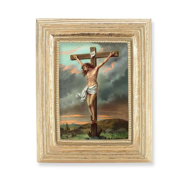 Crucifixion Picture, Gold Finish 3-7/8"x4-3/4 Frame, Exclusive Gold Stamped Print Under Glass # 28324