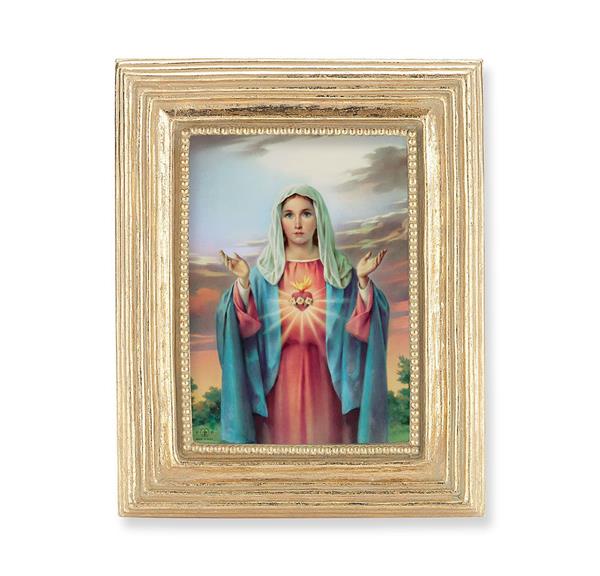 Immaculate Heart of Mary Picture, Gold Finish 3-7/8"x4-3/4 Frame, Exclusive Gold Stamped Print Under Glass # 28327