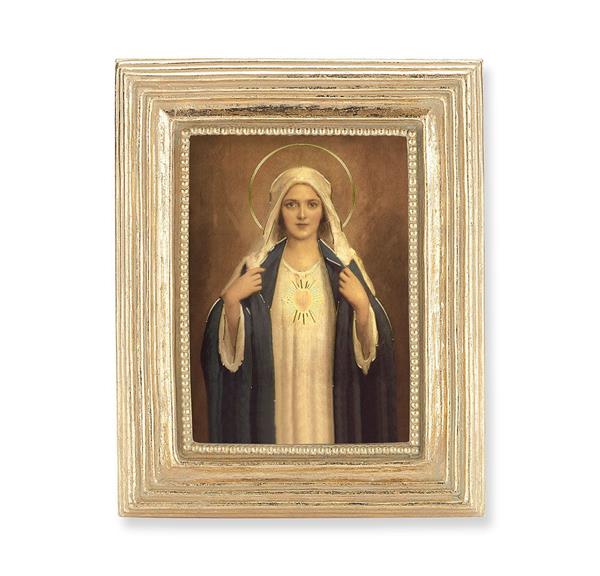 Immaculate Heart of Mary Picture, Gold Finish 3-7/8"x4-3/4 Frame, Exclusive Gold Stamped Print Under Glass # 28329