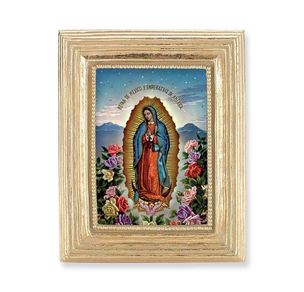 Spanish Our Lady of Guadalupe Picture, Gold Finish 3-7/8"x4-3/4 Frame, Exclusive Gold Stamped Print Under Glass # 28330