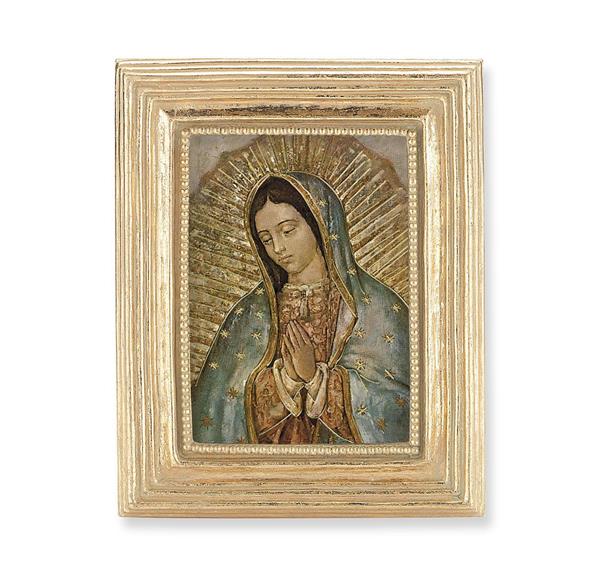 Our Lady of Guadalupe Picture, Gold Finish 3-7/8"x4-3/4 Frame, Exclusive Gold Stamped Print Under Glass # 28331