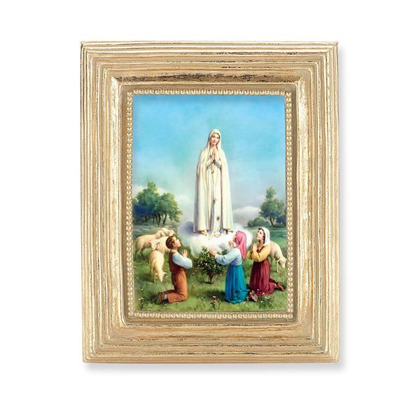Our Lady of Fatima Picture, Gold Finish 3-7/8"x4-3/4 Frame, Exclusive Gold Stamped Print Under Glass # 28333