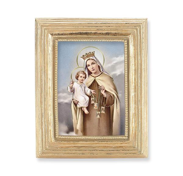 Our Lady of Mount Carmel Picture, Gold Finish 3-7/8"x4-3/4 Frame, Exclusive Gold Stamped Print Under Glass # 28334
