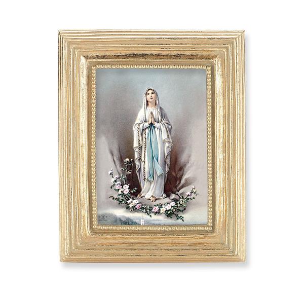 Our Lady of Lourdes Picture, Gold Finish 3-7/8"x4-3/4 Frame, Exclusive Gold Stamped Print Under Glass # 28335