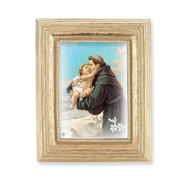 St. Anthony & Child Jesus Picture, Gold Finish 3-7/8"x4-3/4 Frame, Exclusive Gold Stamped Print Under Glass # 28337