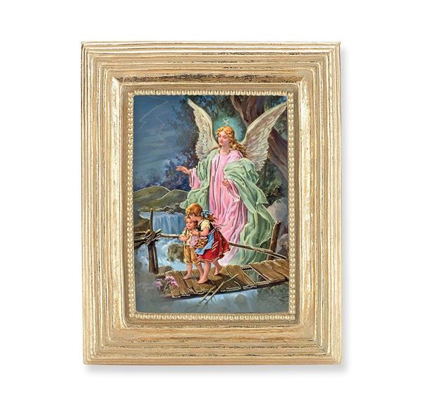 Guardian Angel with Children on Bridge Picture, Gold Finish 3-7/8"x4-3/4 Frame, Exclusive Gold Stamped Print Under Glass # 28343
