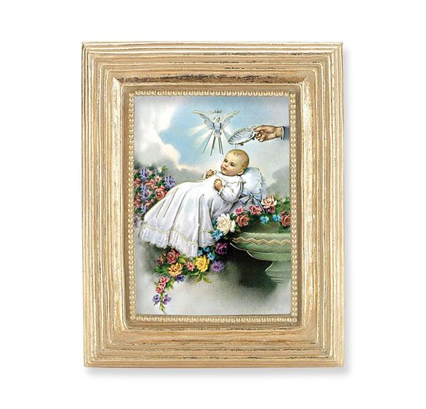 Baby Baptism Picture, Gold Finish 3-7/8"x4-3/4 Frame, Exclusive Gold Stamped Print Under Glass # 28347