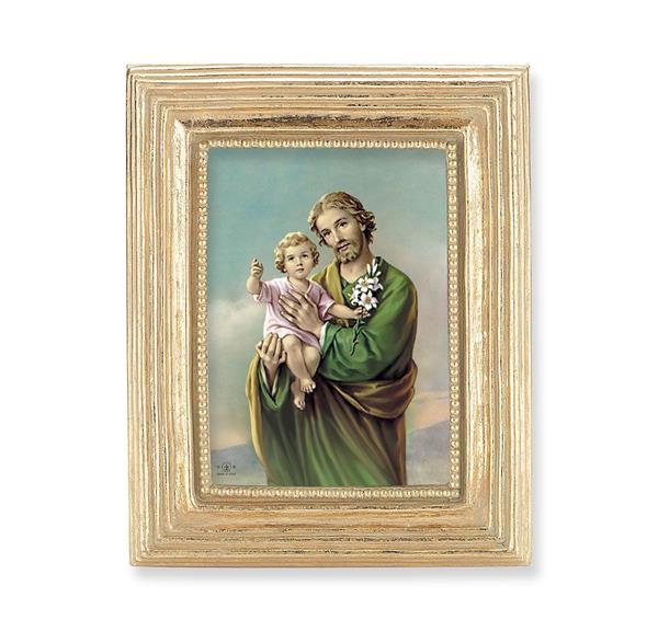 St. Joseph & Child Jesus Picture, Gold Finish 3-7/8"x4-3/4 Frame, Exclusive Gold Stamped Print Under Glass # 28351