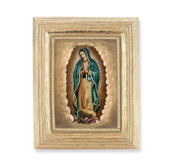 Our Lady of Guadalupe Picture, Gold Finish 3-7/8"x4-3/4 Frame, Exclusive Gold Stamped Print Under Glass # 28355