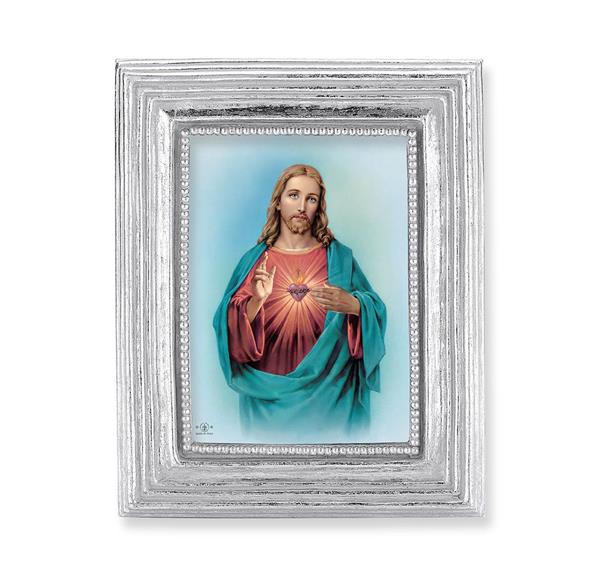 Sacred Heart Picture, Silver Finish 3-7/8"x4-3/4 Frame, Exclusive Gold Stamped Print Under Glass # 28357