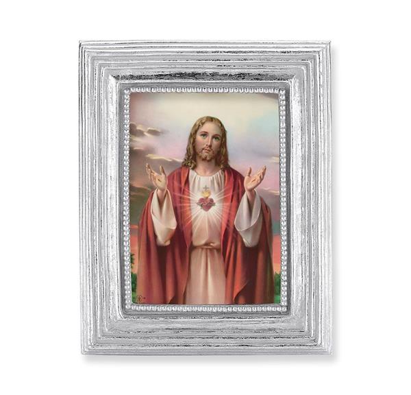 Sacred Heart Picture, Silver Finish 3-7/8"x4-3/4 Frame, Exclusive Gold Stamped Print Under Glass # 28359