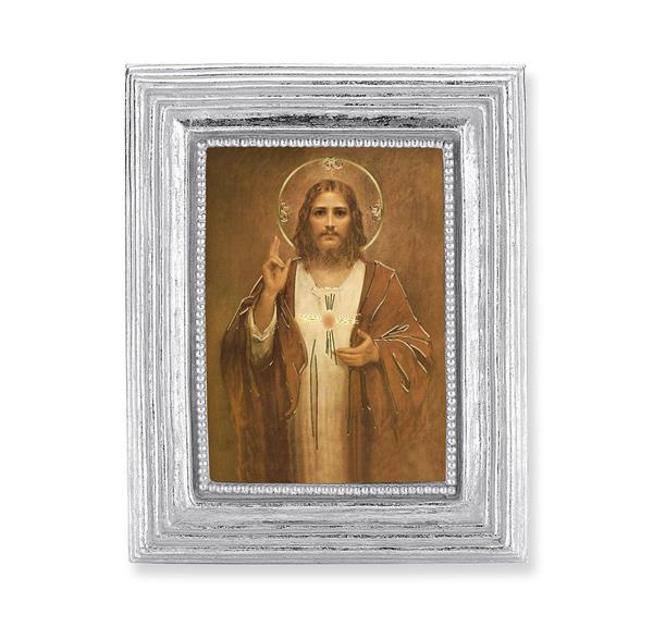 Sacred Heart Picture, Silver Finish 3-7/8"x4-3/4 Frame, Exclusive Gold Stamped Print Under Glass # 28361
