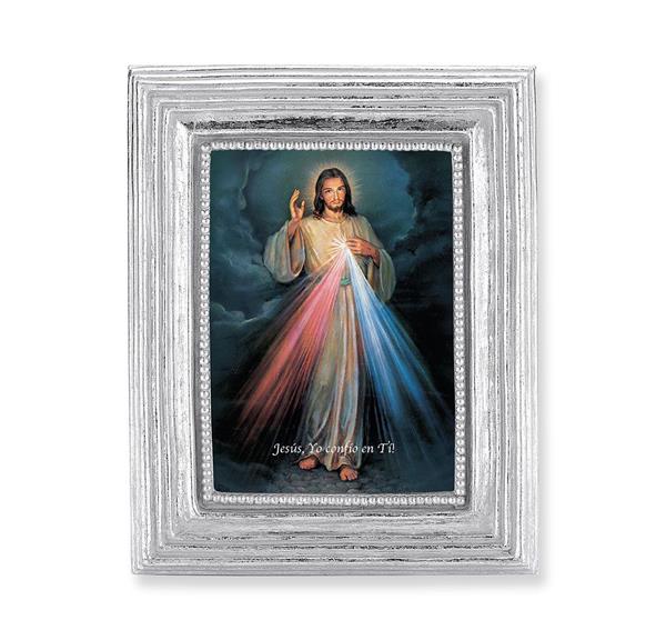 Spanish Divine Mercy Picture, Silver Finish 3-7/8"x4-3/4 Frame, Exclusive Gold Stamped Print Under Glass # 28363