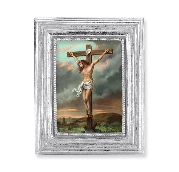 Crucifixion Picture, Silver Finish 3-7/8"x4-3/4 Frame, Exclusive Gold Stamped Print Under Glass # 28364