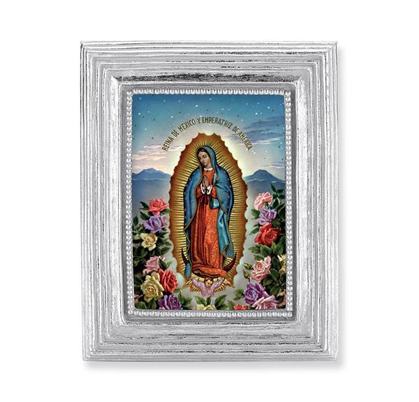 Spanish Our Lady of Guadalupe Picture, Silver Finish 3-7/8"x4-3/4 Frame, Exclusive Gold Stamped Print Under Glass # 28370
