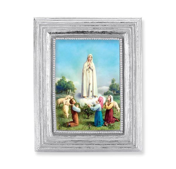 Our Lady of Fatima Picture, Silver Finish 3-7/8"x4-3/4 Frame, Exclusive Gold Stamped Print Under Glass # 28373
